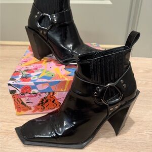 Jeffrey Campbell Black Patent Leather Ring Harness Ankle Boots
